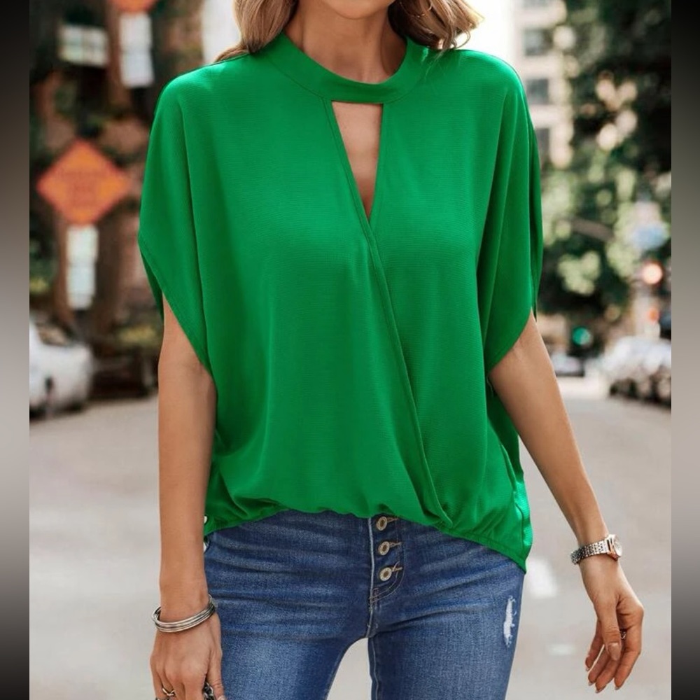 Boho Green Keyhole Crisscross Overlap Top Blouse Shirt S, M, L, XL - Picture 4 of 4